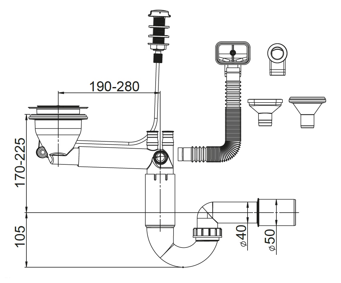 P-LOC siphon d'évier,télescopique, simple, raccordement au lave-vaisselle,  raccordement au trop-plein DN 115 - Proachats
